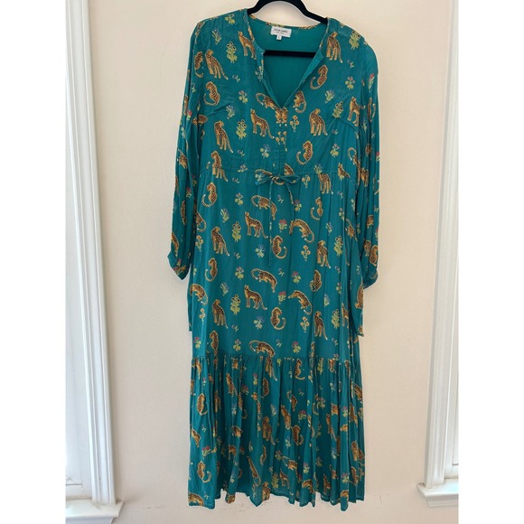 Olivia James Teal Leopard Print Long Sleeve Tiered Maxi Dress - Picture 1 of 8